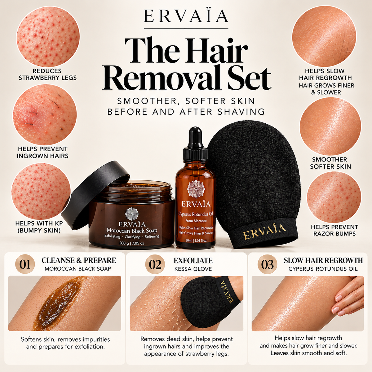 Ervaïa hair removal set with moroccan black soap, kessa glove, cyperus rotundus oil